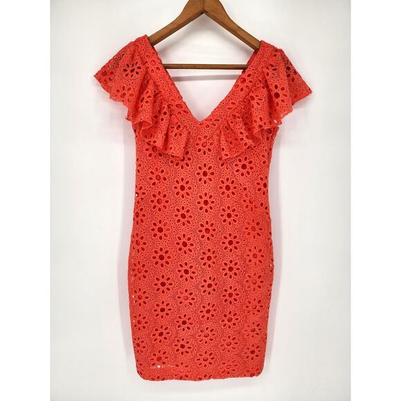 Trina Turk Neriah Coral Eyelet Lace Ruffle Mini Dress 2 - Picture 8 of 8